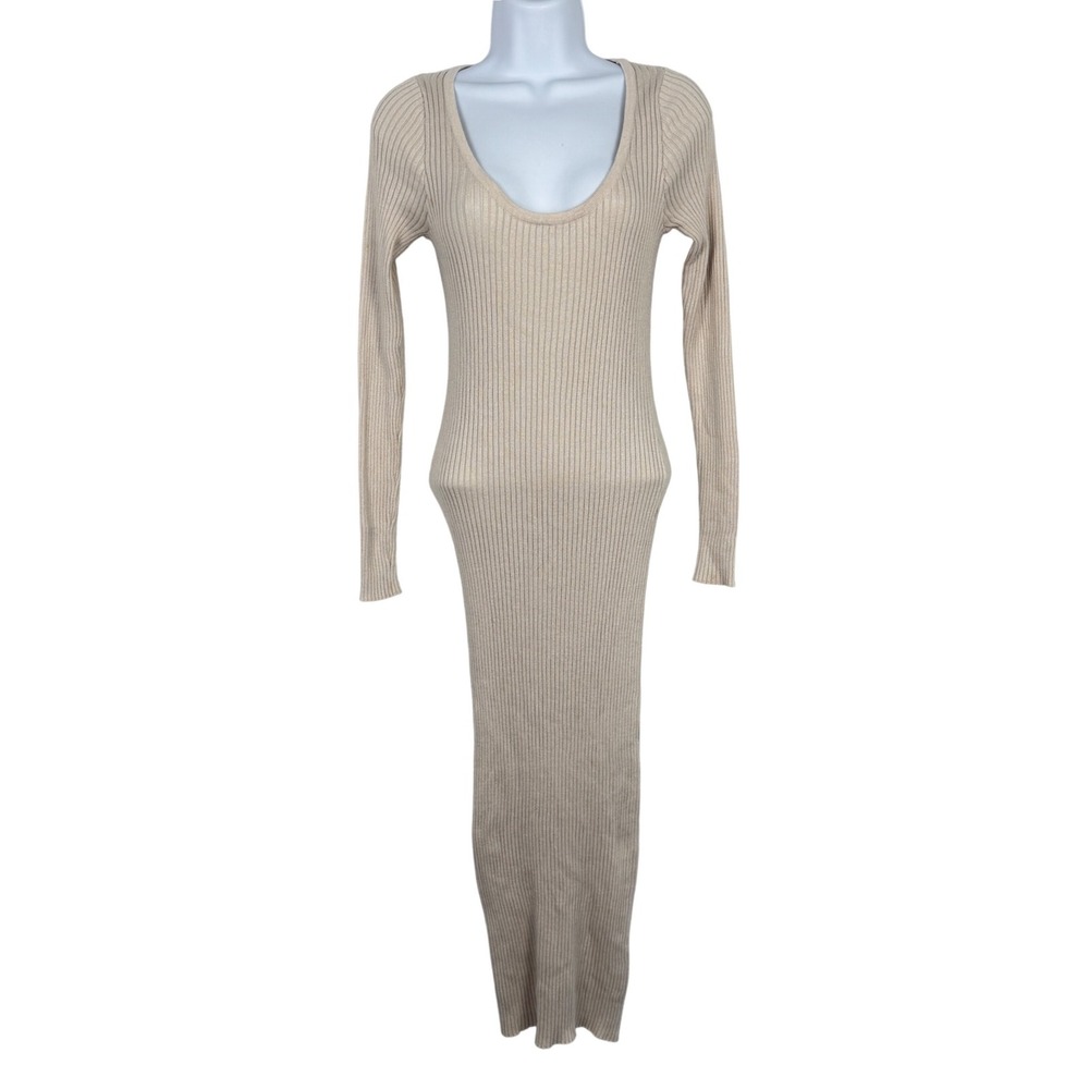 Maxi Bodycon Dress Womens‎ Small Ribbed Knit Long Sleeve Scoop Neck Beige Tan